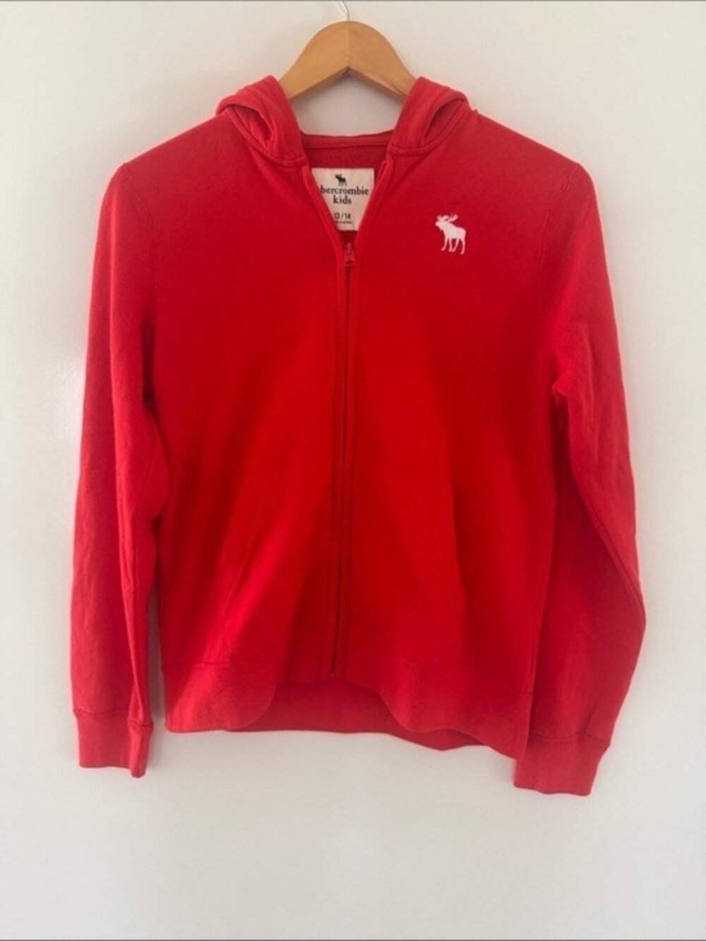 abercrombie Red Full Zip Hooded Sweatshirt Girls Size 13/14 Cotton Blend
